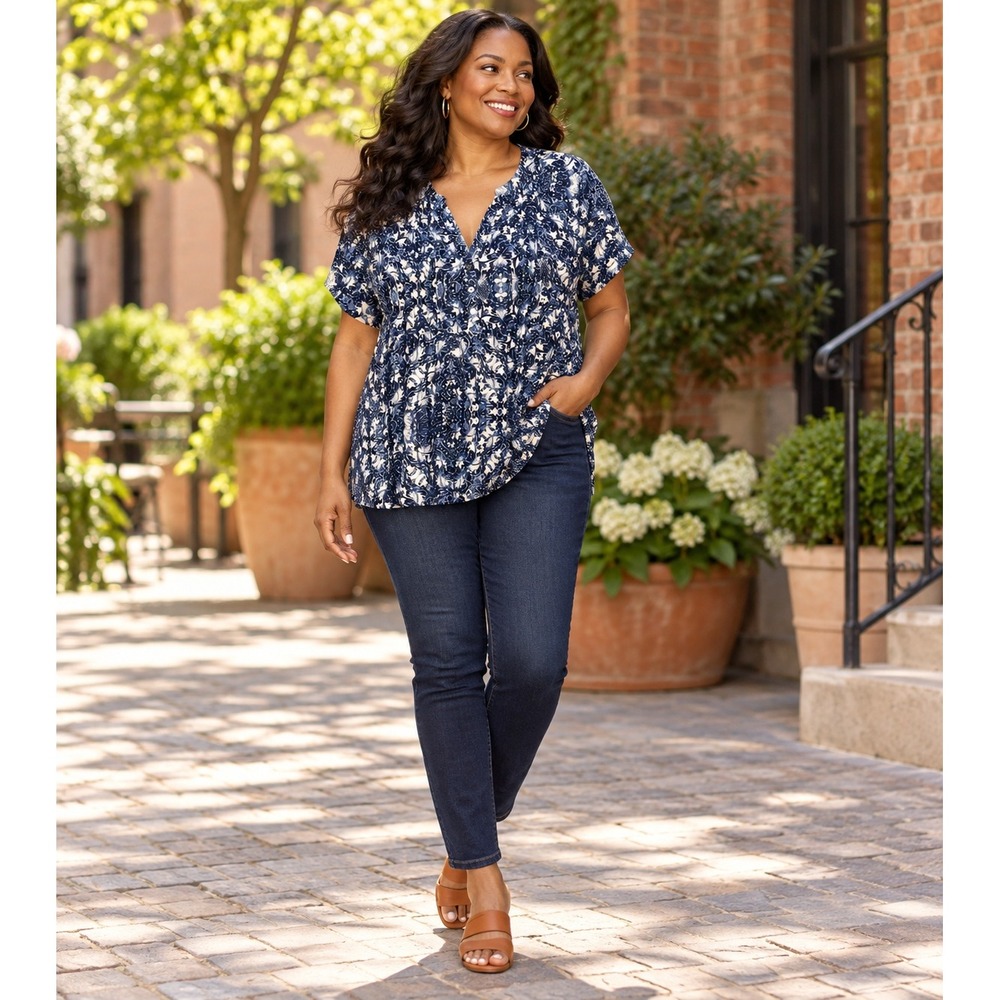 Notations Blue and White Paisley Pintuck V-Neck Blouse 2X